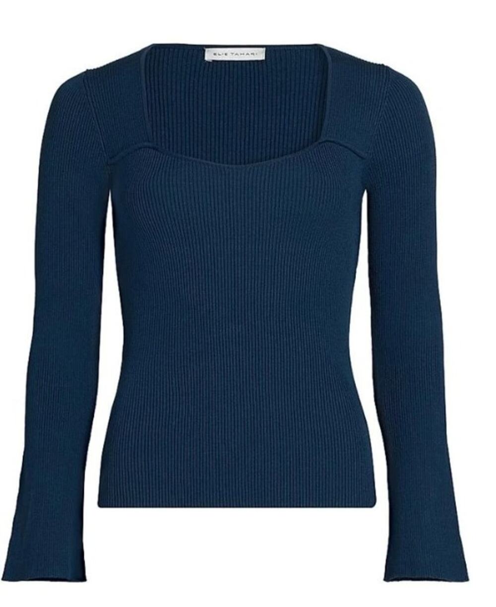 ELIE TAHARI blue black Sydney ribbed knit long sleeve sweetheart stretch top